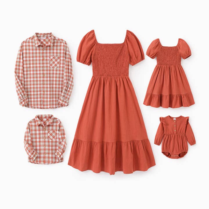 Orange Family Matching Plaid Shirt or Shirred Bodice Tiered Dress for wholesale on Faire