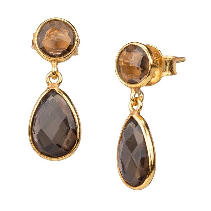 Dew Drops Ohrstecker und Tropfen-Ohrringe aus rauchigem Quarz in Gold für den Großhandel von Protsaah