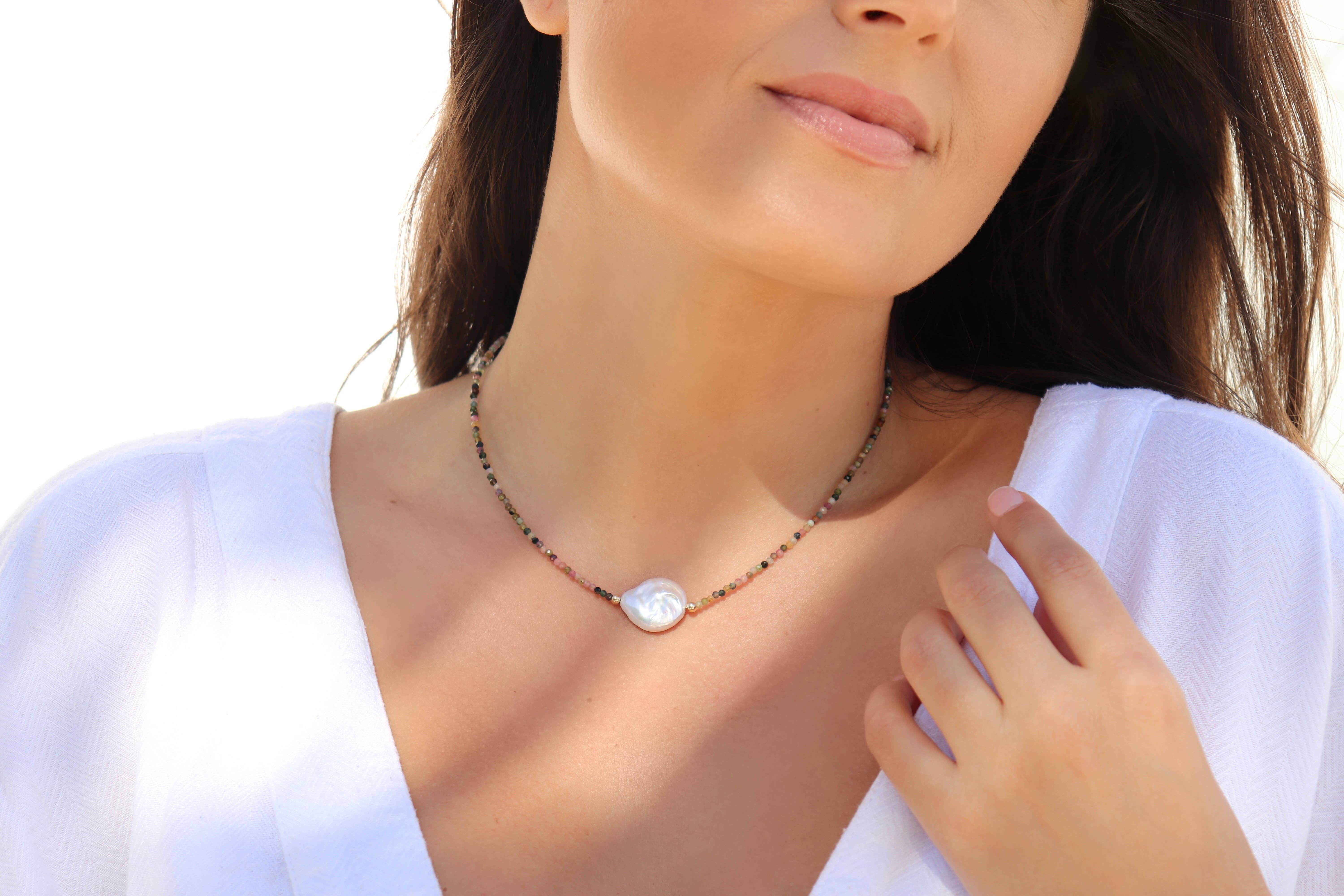 Kaylie Dawn Jewelry - Wholesale Beaded/Pearl Necklace - Mystic Coin Pearl Gemstone Beaded Necklace Handmade in USA0