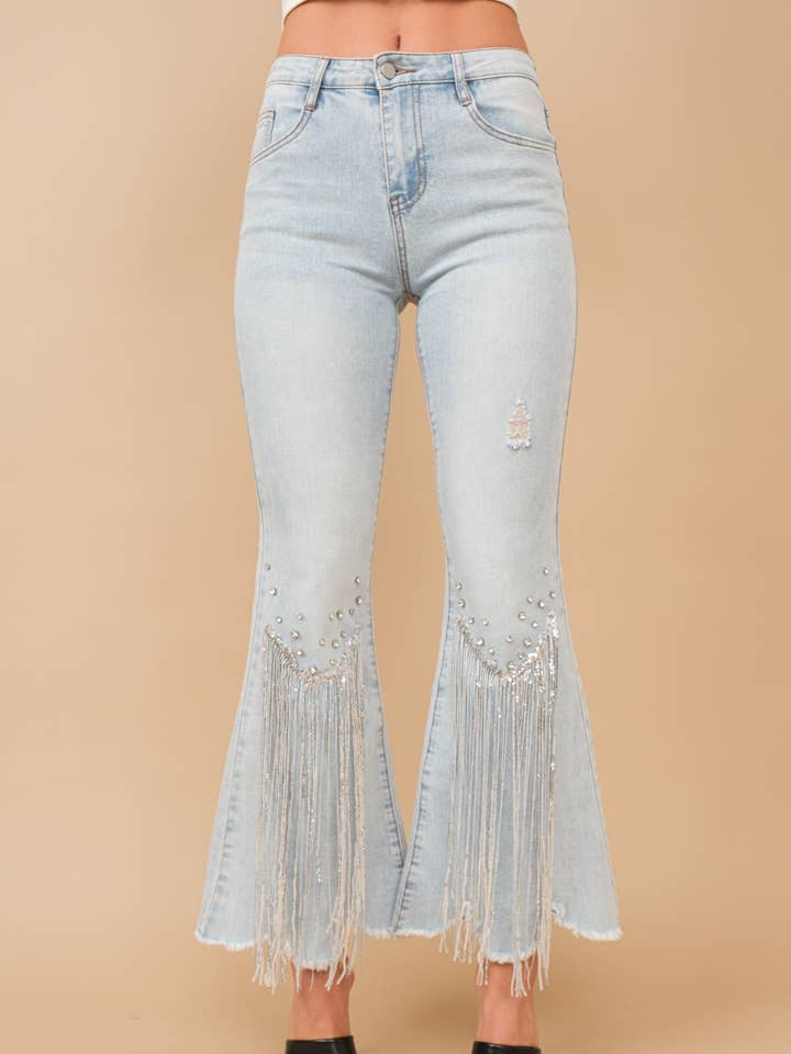 LIGHT WASH 80004P - Rhinestone Embellishment Detail Sequin Denim Jeans for wholesale on Faire