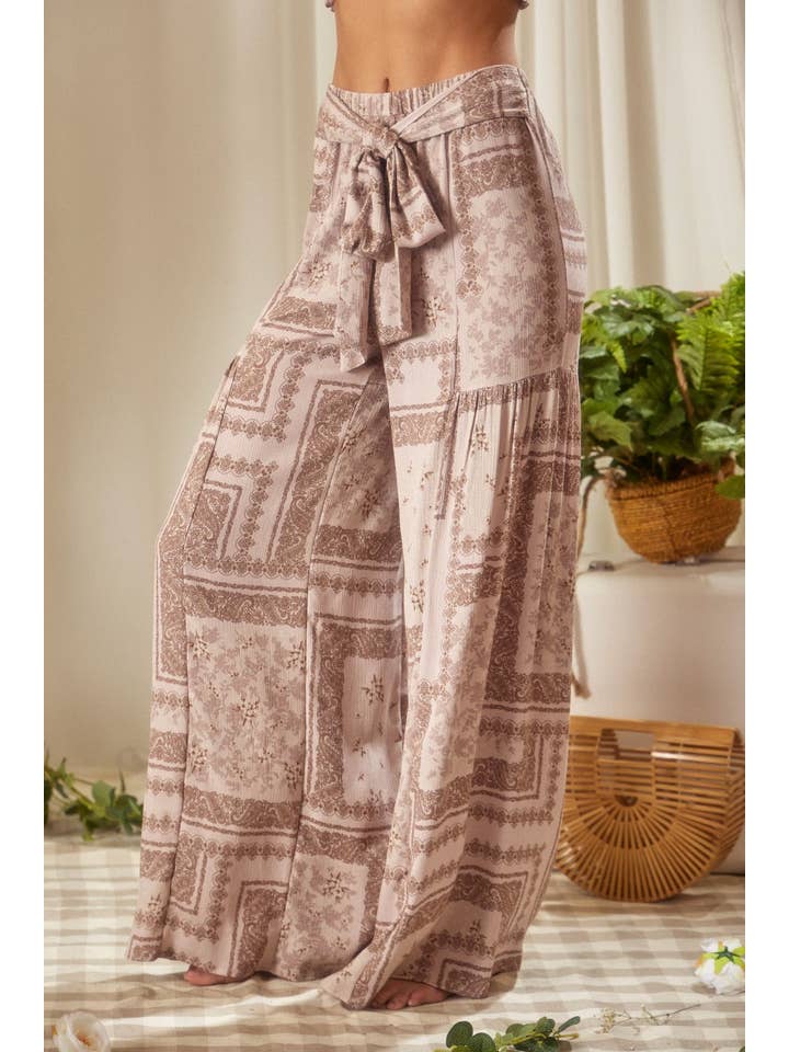 Endless Blu - Wholesale Pants - Women's - DNP1315A MULTI PRINTED WIDE PANTS WITH TIE