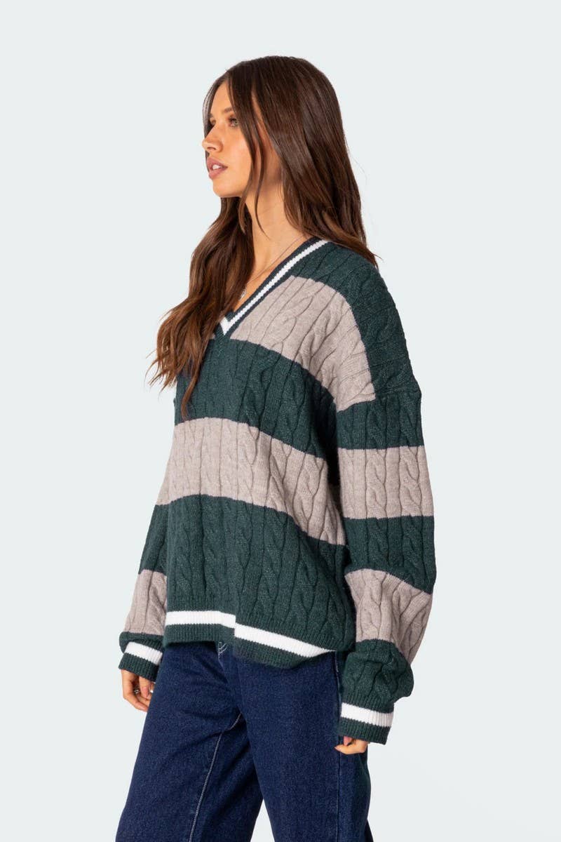 NINEXIS - Wholesale Knit Sweater - Women's - CWOSWL08090_V NECK STRIPED COLORBLOCK KNIT SWEATER15