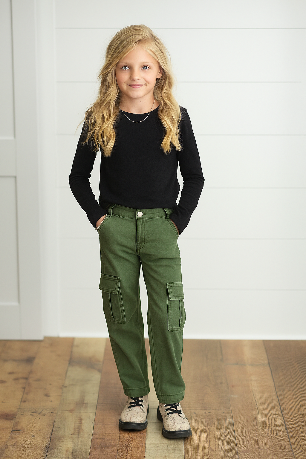 Oopsie Daisy - Wholesale Pants - Kids - Kids Olive Green Denim Cargo Pants With Pockets4