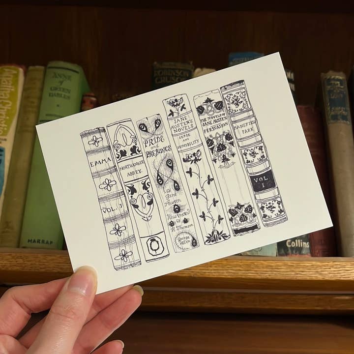 Jane Austen novels book spine postcard for wholesale by Georgina The Librarian