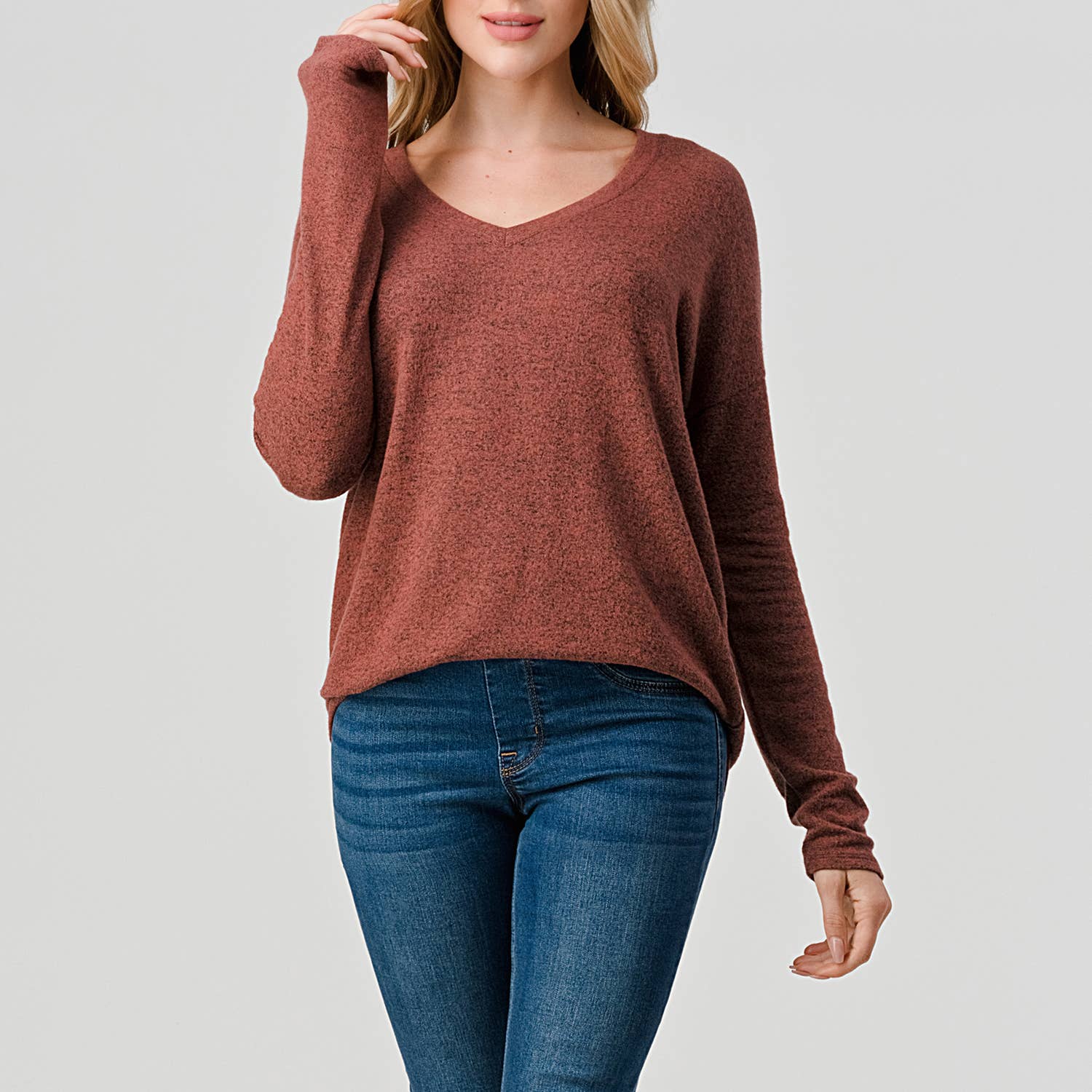 Heimious - Wholesale Knit Top - Women's - Long Sleeve V-neck Brushed Knit Top, 273856