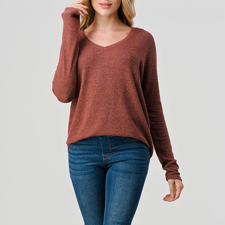 Heimious – Engroshandel Strikket top - Dame – Langærmet V-hals børstet strik top, 273856