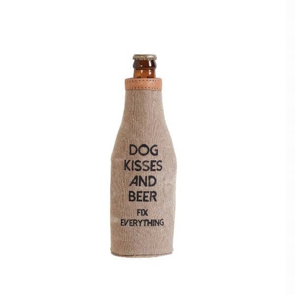 Mona B. - Wholesale Drink Huggers & Koozies - Dog Kisses Design Canvas and Leather Drink Hugger Koozie