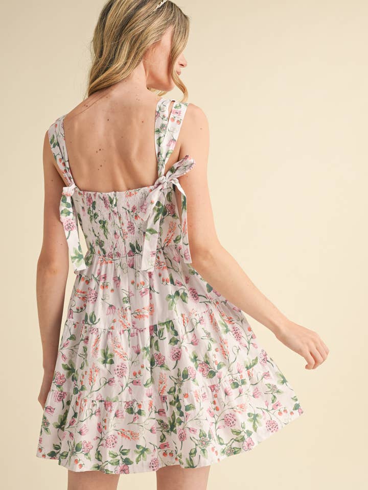 &MERCI - Vente Robe – femme - ROBE COURTE À VOLANTS FLORAUX AVEC BRETELLES À NOUER MDR38084
