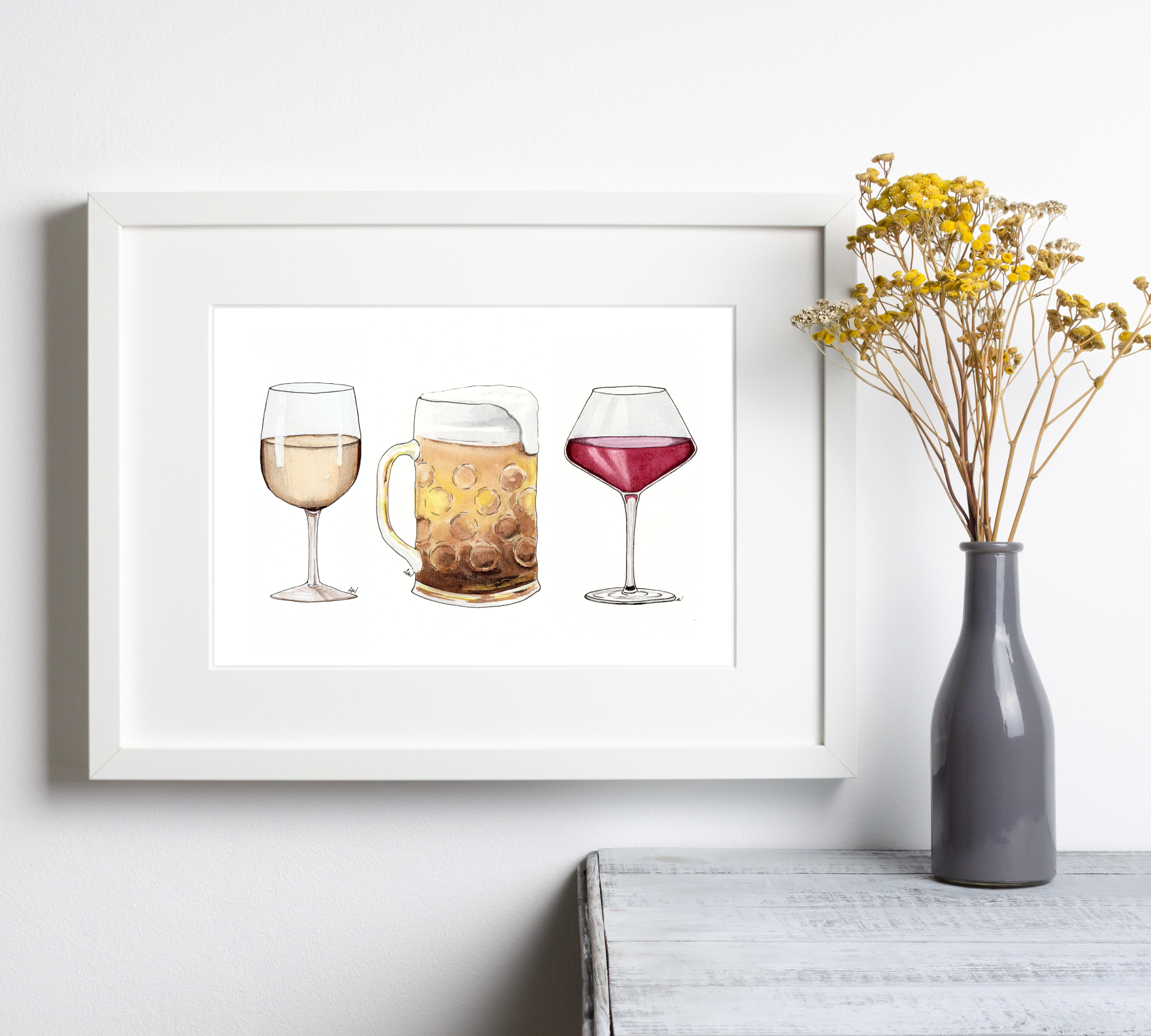 Alyssa Whetstone Art - Wholesale Art Print - Wine and Beer - Pen and Watercolor Archival Art Print0