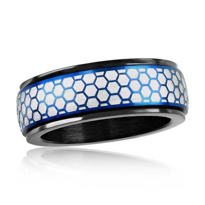Bague en forme de nid d'abeille en acier inoxydable - Bleu et argent pour la vente par Metallo