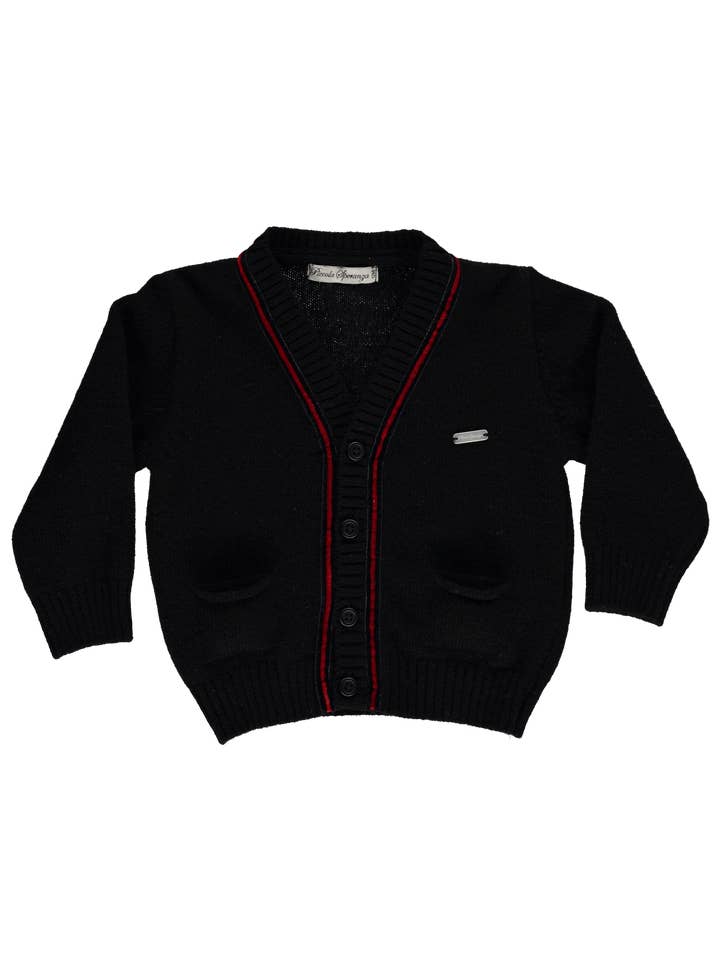 PS23W008104 Black boy cardigan with red vevet ribbon for wholesale by Piccola Speranza