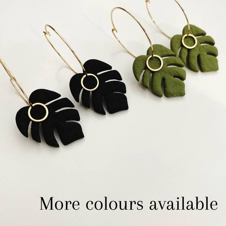 Monstera Leaf Clay Earrings Gold for wholesale by Maybe Max