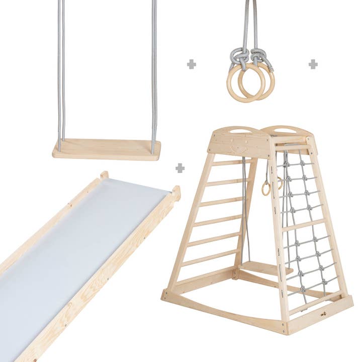 ROBA Indoor Play Tower Set with Accessories Wood Natural/Gray for wholesale by roba kids