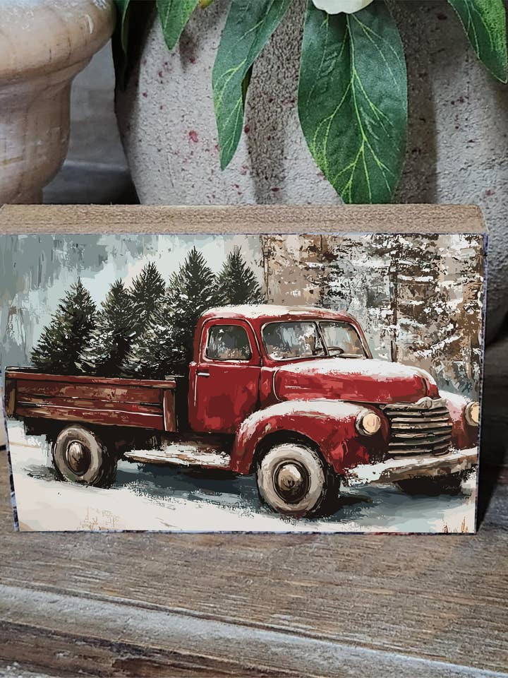 3.5x5" Printed Block Christmas Truck for wholesale by Redeemed Decor
