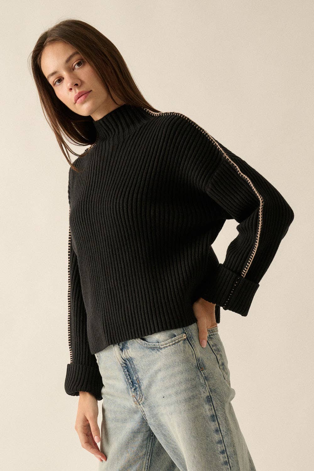 Promesa USA - Wholesale Knit Sweater - Women's - Solid High Neck Rib Knit Expose Seam Sweater18