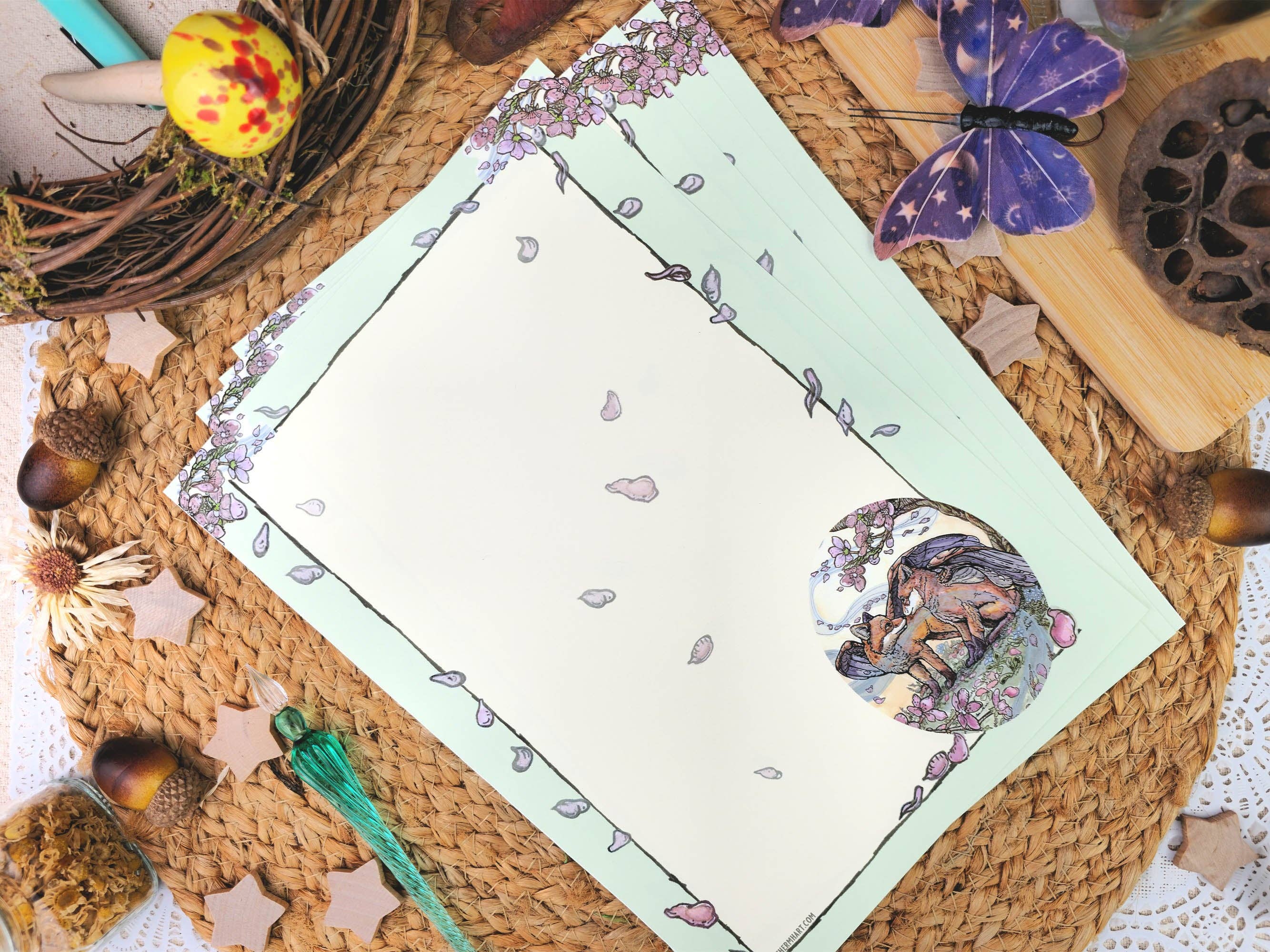 Wings of Fantasy – Großhandel Briefpapier-/Postkarten-Set – Fantasie Frühlingsfuchs Briefpapier-Set | Jugendstil-Schreibset | Vintage-Stil Briefpapier mit Wachssiegeln | Brieffreund-Briefpapier-Geschenk1