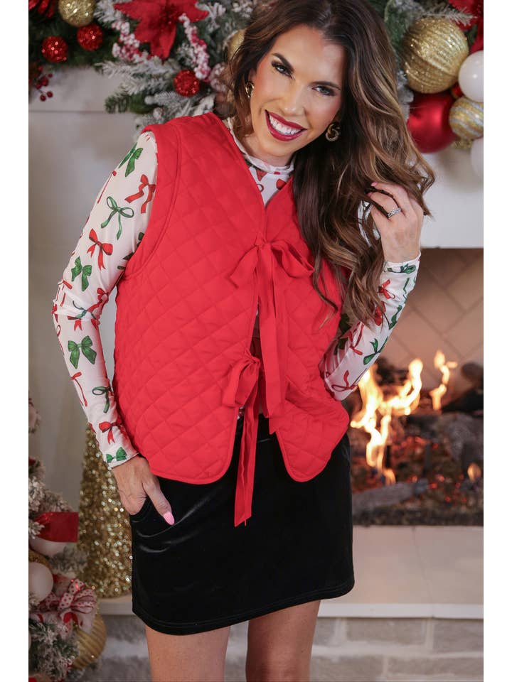Twila Quilted Tie Vest- Red for wholesale on Faire7