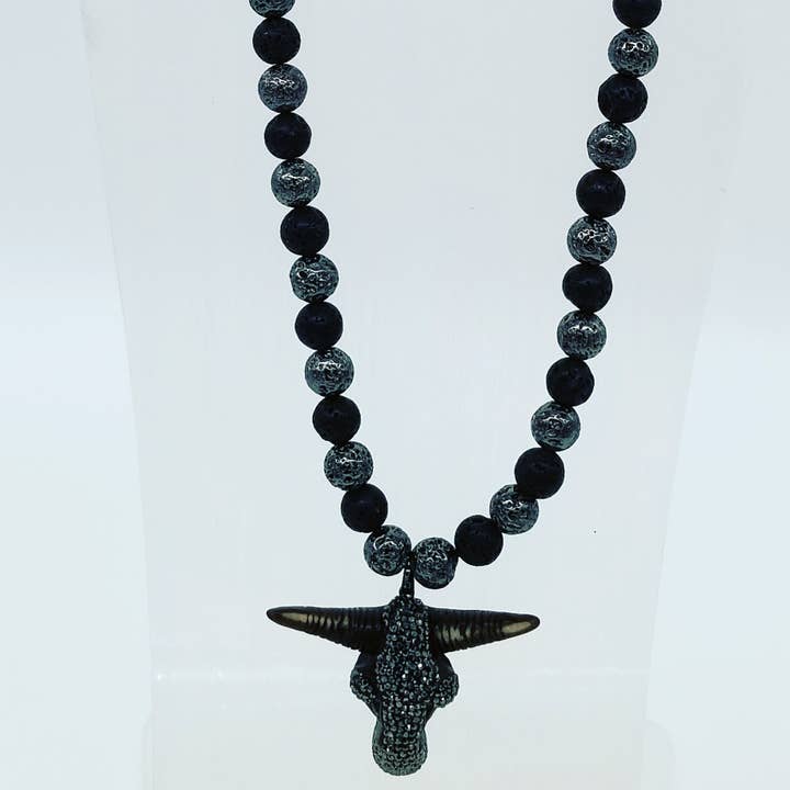 Crystal bull necklace with black onyx and lava stone for wholesale by Mahogani Collections