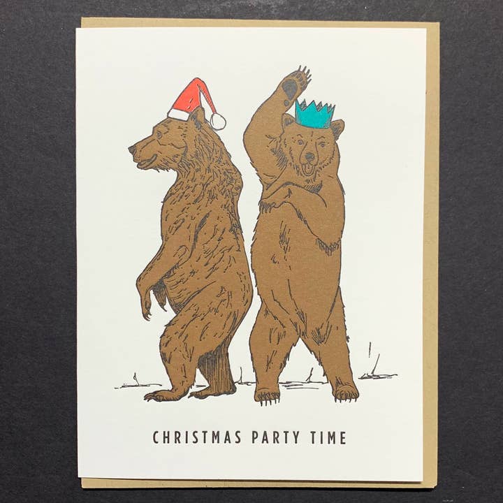 Porchlight Press Letterpress - Wholesale Christmas Card - Christmas Grizzly Bears 8 Card Set or Singles