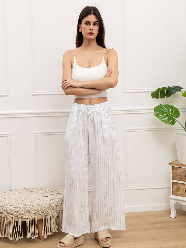 Pantalon Large en Lin à Rayures avec Taille Élastique pour la vente par Happy look
