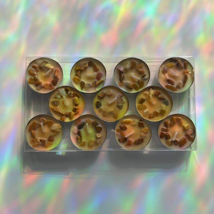 Crystal Infused Tea Light Candles | Pineapple + Passion Frui for wholesale by Midwest Apothecary