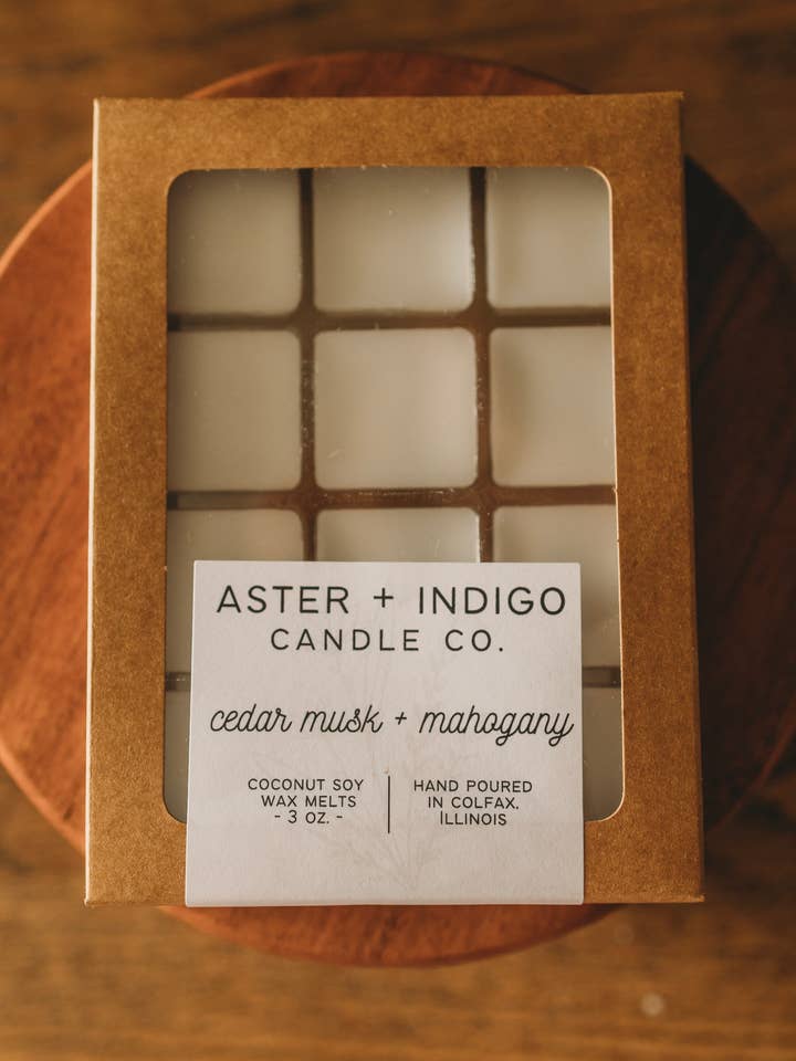 Cedar Musk + Mahogany | Coconut Soy Wax Melt for wholesale by Aster + Indigo Candle Co.