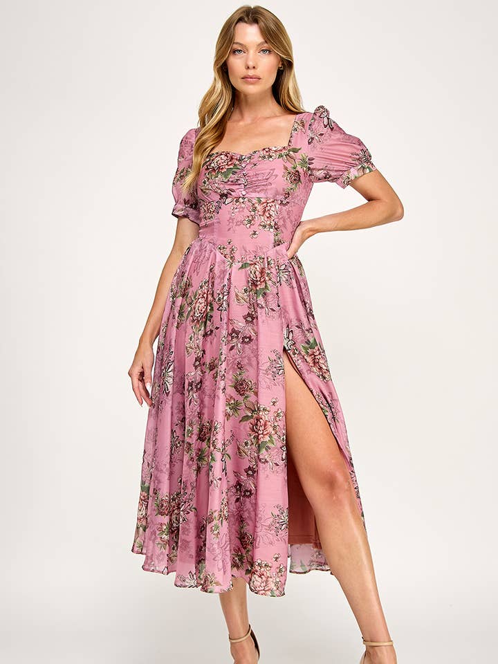 FLORAL PRINT SHORT SLV. SLIT MIDI DRESS for wholesale by Genzy Clothing