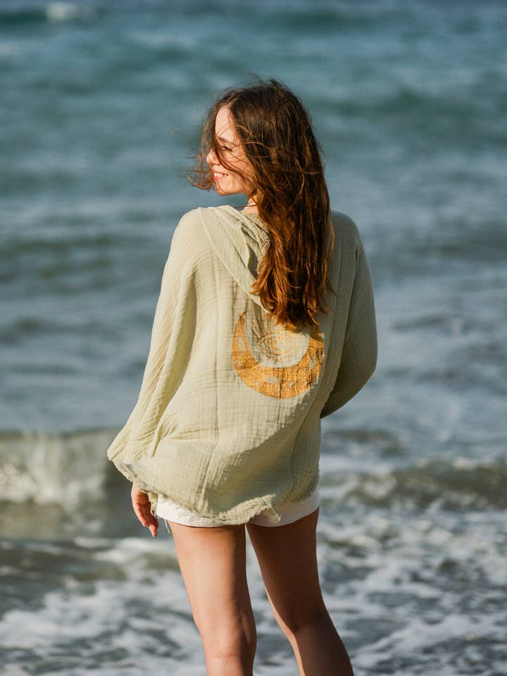 Moa - Wholesale Robe - Women's - Evil Eye and Moon Double Gauze White Hooded Robe