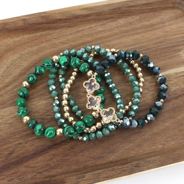 Pretty Persuasions - Wholesale Beaded Bracelet - B24106 5 Row Mixed Stone/Clover Glass Beads Stretch Bracelet
