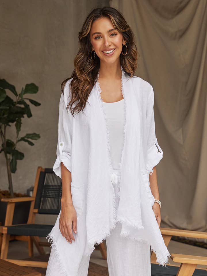 LINEN ASYMMETRICAL DRAPEY CARDIGAN (12363/154117) for wholesale by MILIO MILANO