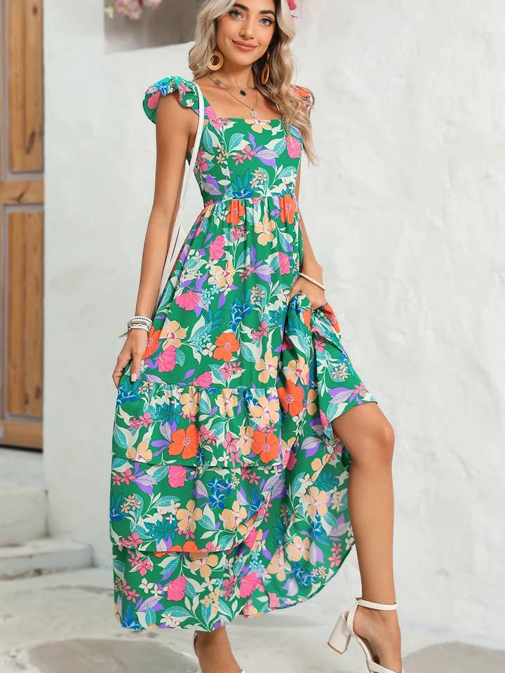 Green Floral Ruffle Tiered Maxi Dress for wholesale on Faire