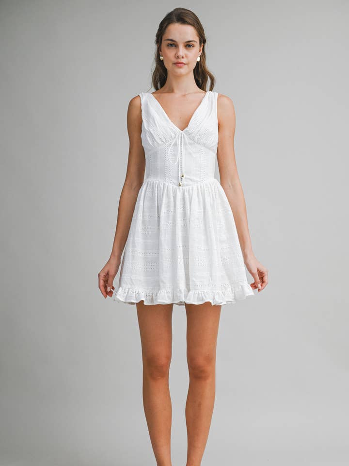 ED6014 White Eyelet V-Neck Mini Dress for wholesale by Endless Blu