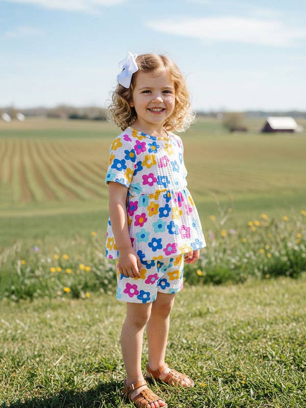 Floral printed short sleeve top & shorts girls sets XCH04023 for wholesale by luluclothes