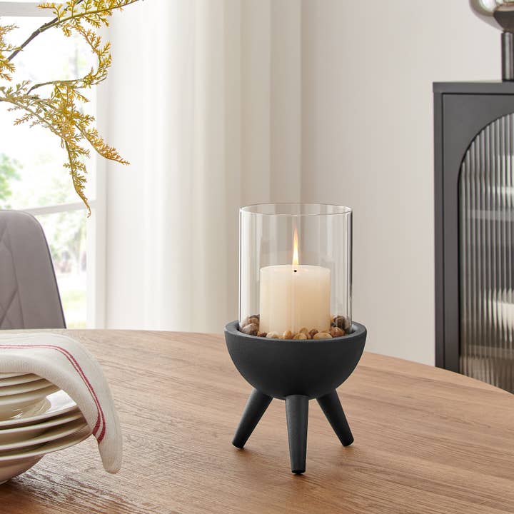 Danya B – wholesale Candle holder – Molta Modern Black Metal Pedestal and Glass Candle Holder4