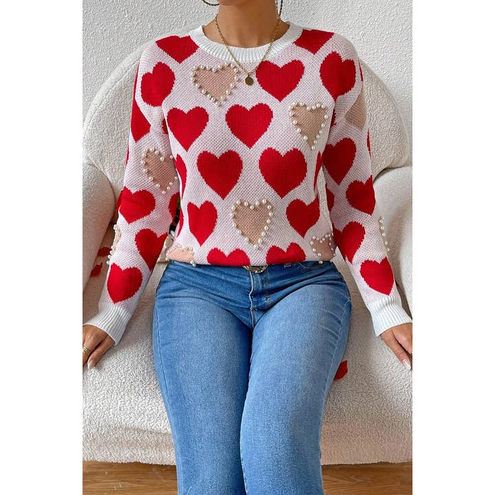 RED Round Neck Heart Shape Pearl Beads Knit Sweater for wholesale on Faire