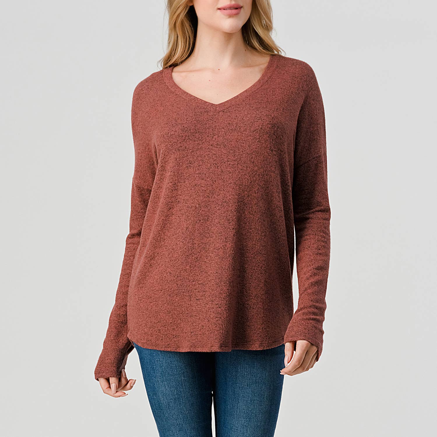 Heimious - Wholesale Knit Top - Women's - Long Sleeve V-neck Brushed Knit Top, 273857