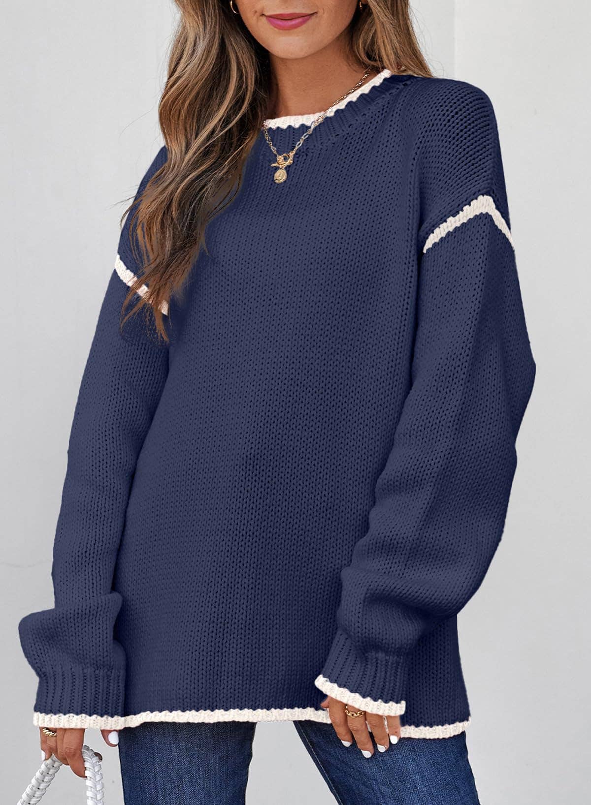 Anna Kaci Wholesale - Wholesale Knit Sweater - Women's - Crew Neck Knit Sweater with Red Trim Detail and Long Sleeves9