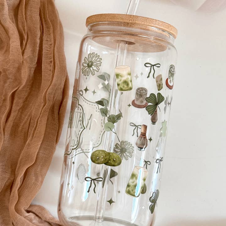 the cute cloud – wholesale Drinking glass/cup – Lux Matcha Babe Glass Tumbler Double Sided & Lid and Straw4