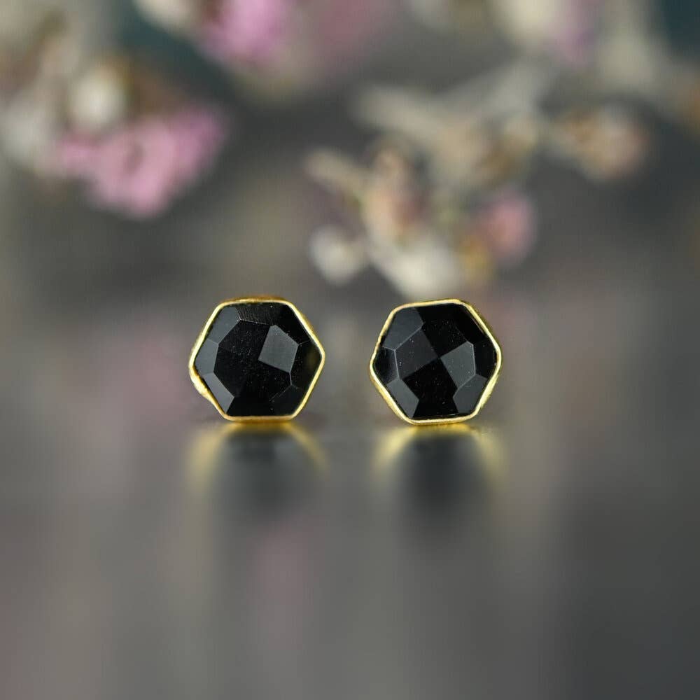 KBD Studio - Wholesale Stud/Post Earrings - Semi Precious Hexagon Gemstone Studs (8mm gold)12