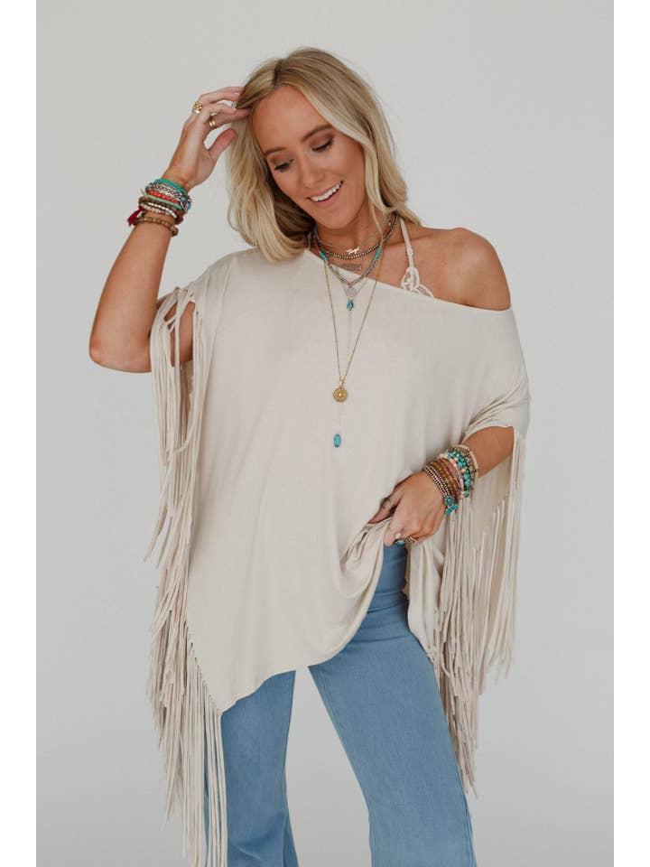 Three Bird Nest - Wholesale Knit Top - Women's - Western Showstopper Fringe Top - Oat