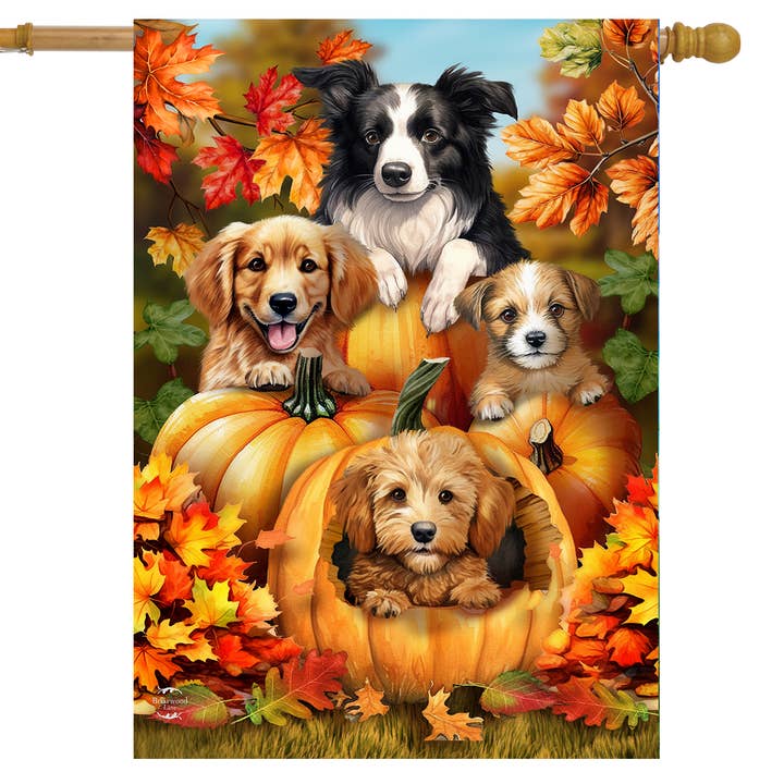 Fall Pumpkin Puppies House Flag for wholesale by Briarwood Lane