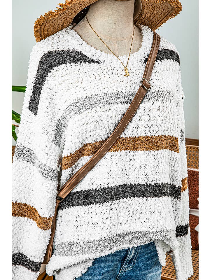 As shown Fashion-W Striped Popcorn Knit Sweater for wholesale on Faire