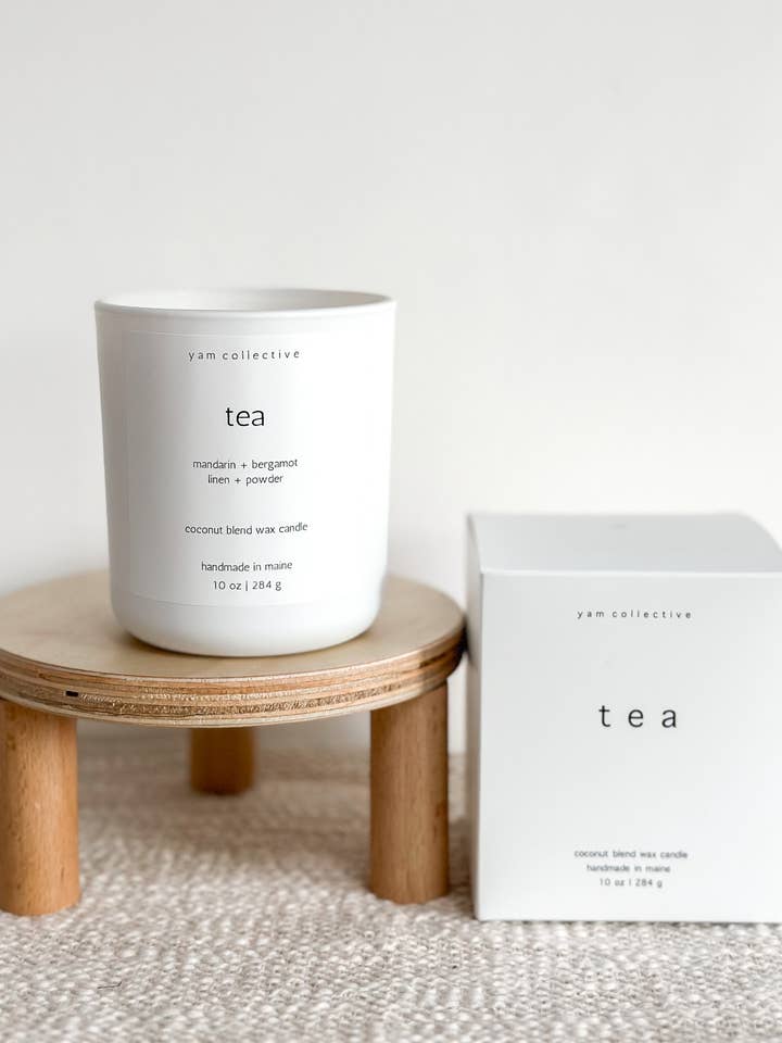 Tea -10 oz Linen + Powder Matte White Glass Candle for wholesale by yam collective