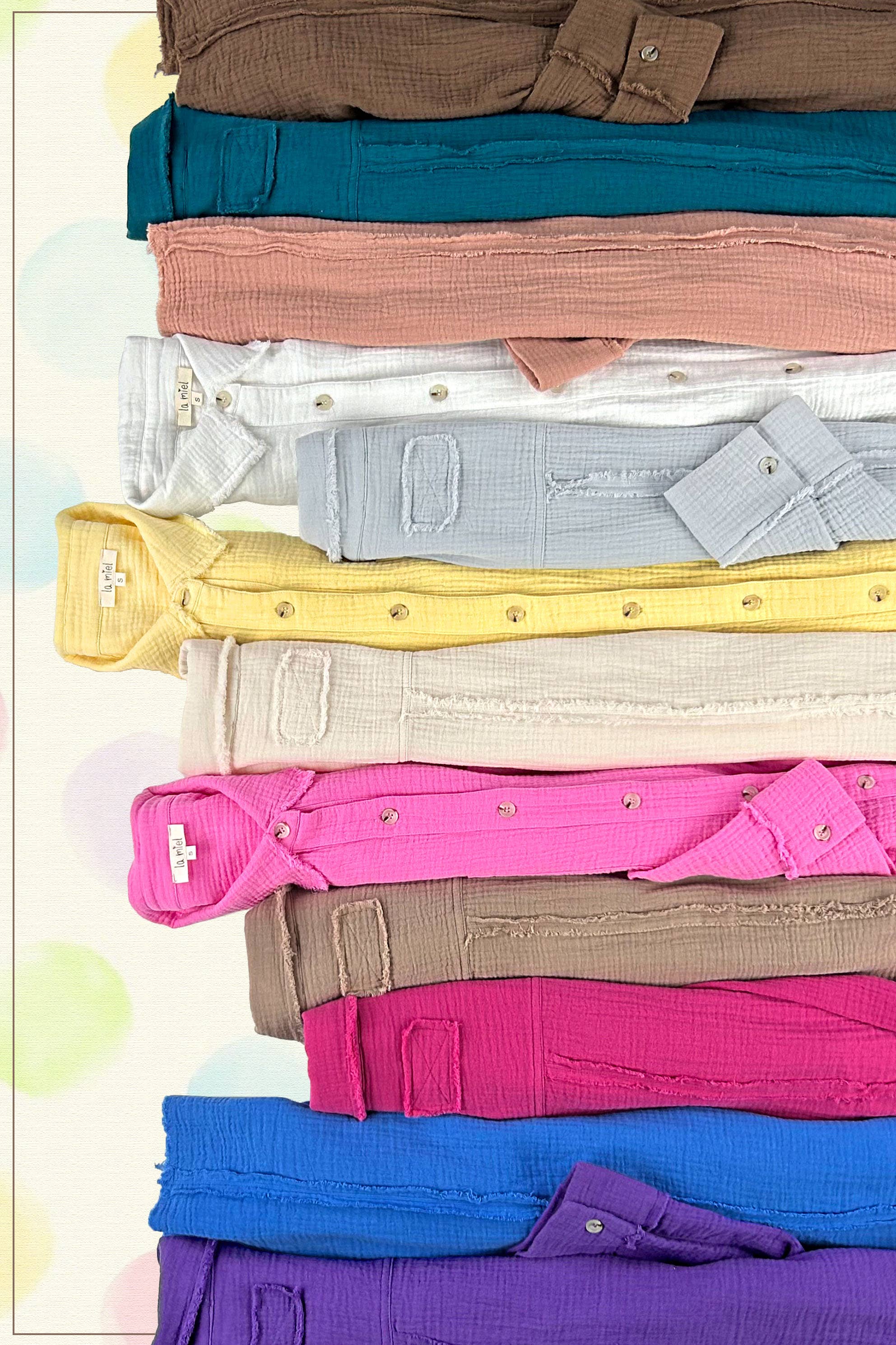 La Miel - Wholesale Button Down Shirt - Women's - SRT7448-Soft Washed Crinkled Gauze Button Down Shirts44