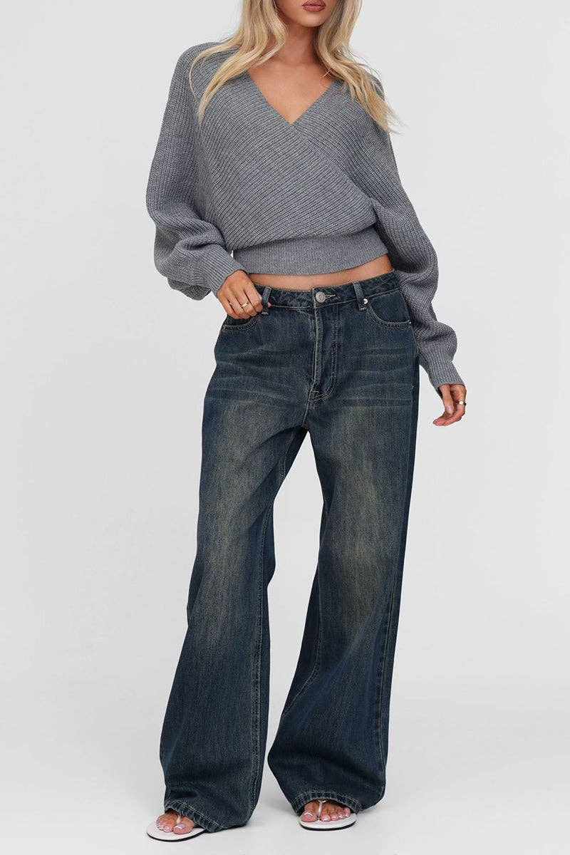 GREY V-Neck Cross-Over Sweater for wholesale on Faire3