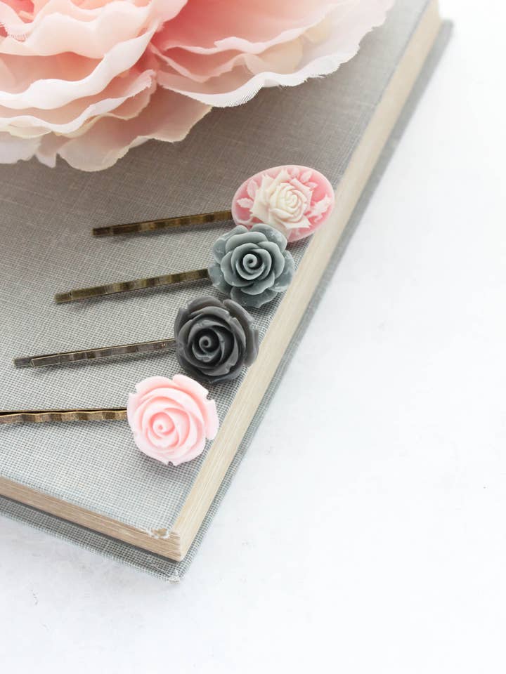 Pink and Grey Rose Bobby Pins for wholesale by A Pocket of Posies