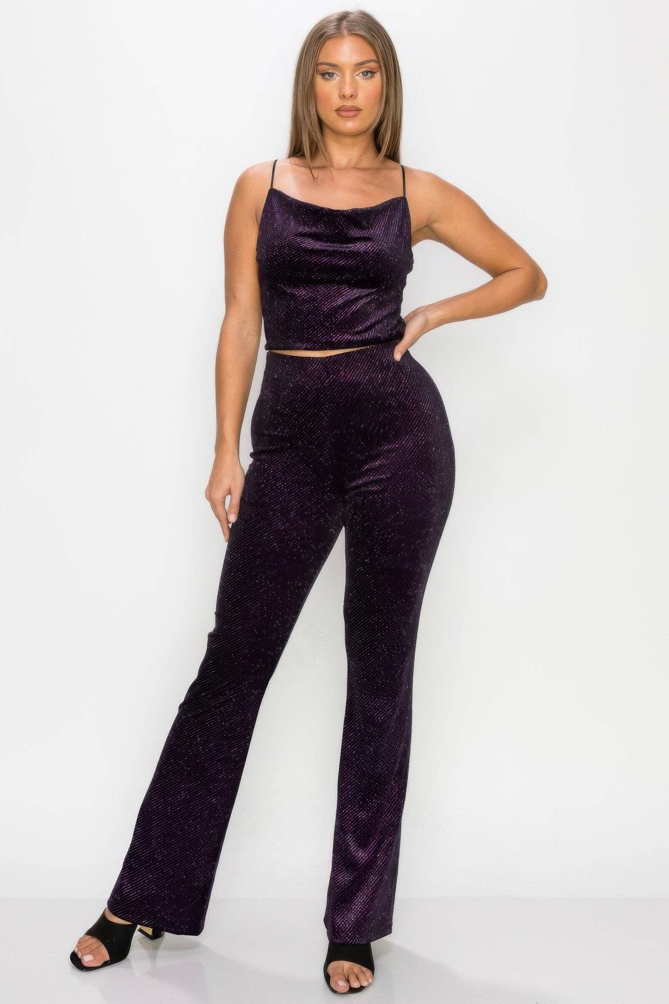 CC Wholesale Clothing - Wholesale Pants - Women's - Glittery Flare High-rise Elastic Pants4
