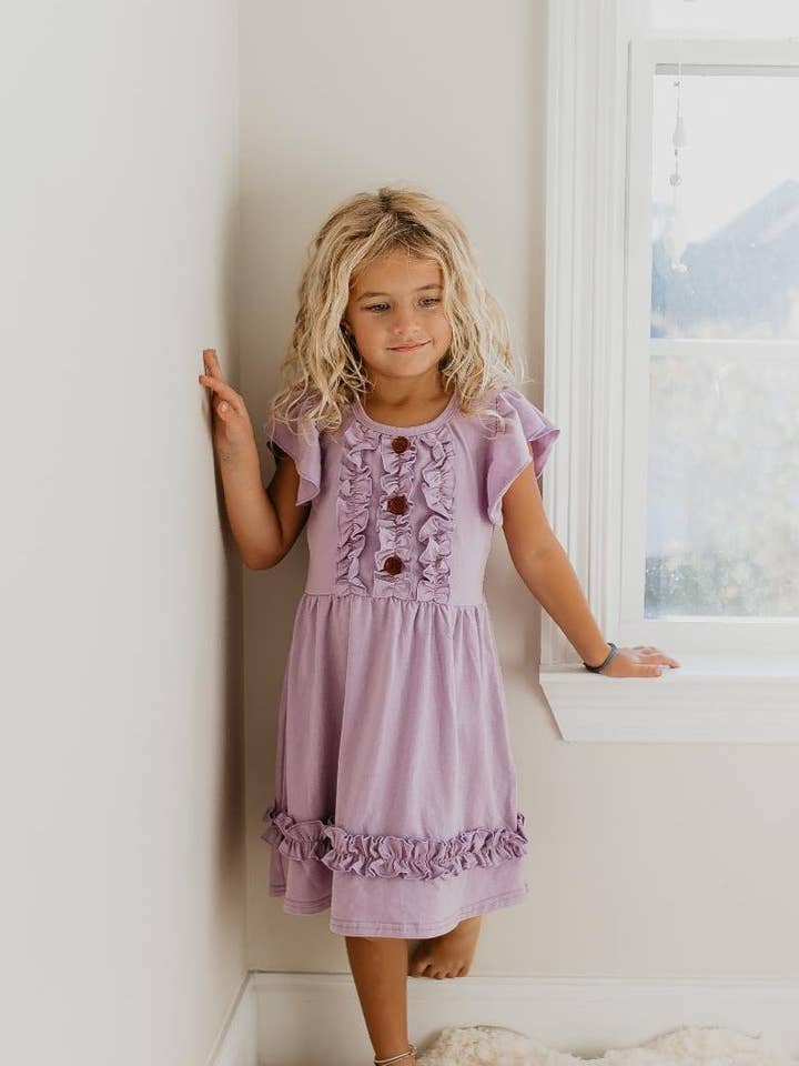 Kids Pastel Lavender Ruffle Button Spring Easter Dress for wholesale by Adorable Sweetness