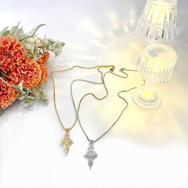 Atisha Spiritual Shop - Wholesale Pendant/Charm Necklace - OM SHAKTI NECKLACE ~ stainless steel with Unaalome and Lotus pendant