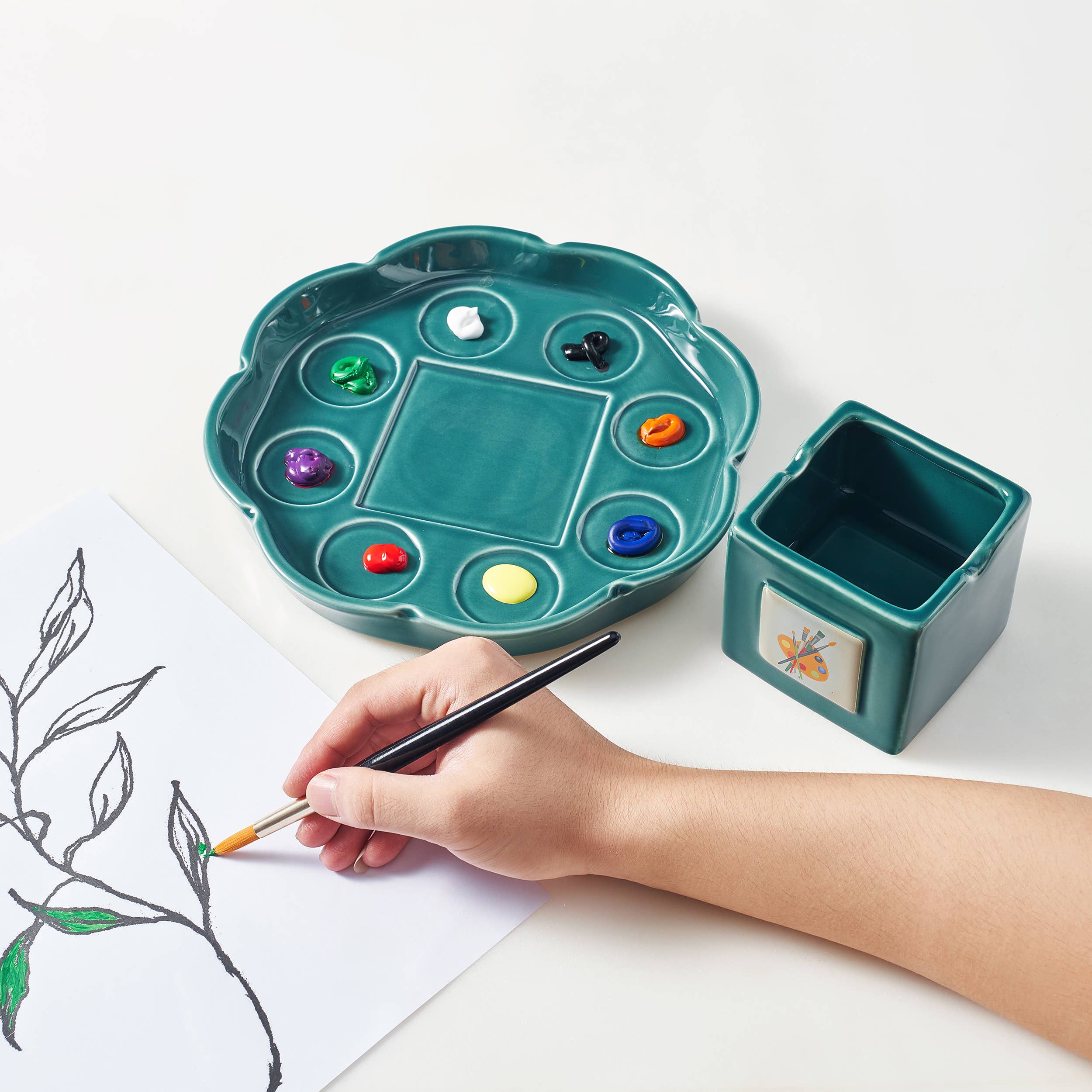 The Wine Savant /  Khen Glassware - Wholesale Palette/mixing tray - Painters Artist Cup & Plate Set | Paint & Brush Holder Set2